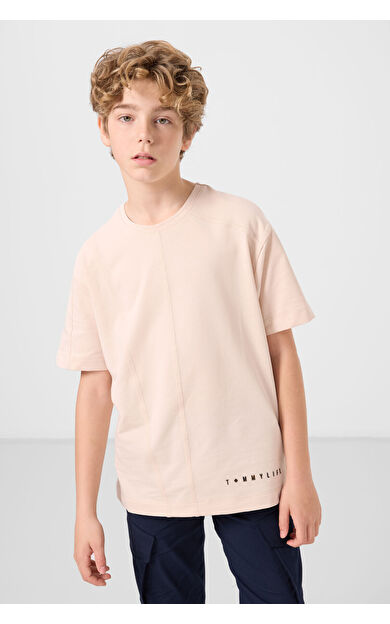 TommyLife Bej Pamuklu Yumuşak Dokulu Oversize Basic Erkek Çocuk T-Shirt - 11297