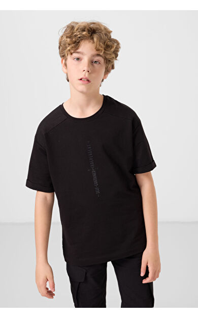 TommyLife Siyah Pamuklu Yumuşak Dokulu Oversize Baskılı Erkek Çocuk T-Shirt - 11301