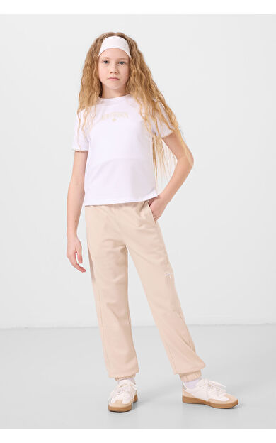 TommyLife Beyaz-Bej O Yaka Baskılı Lastik Paça Kargo Cepli Kız Çocuk Eşofman Takım - 75173