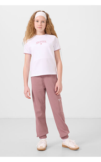 TommyLife Beyaz-Gül Kurusu O Yaka Baskılı Lastik Paça Kargo Cepli Kız Çocuk Eşofman Takım - 75173