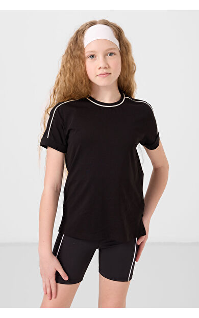 TommyLife Siyah Pamuklu O Yaka Standart Fit Basic Kız Çocuk T-Shirt - 75177