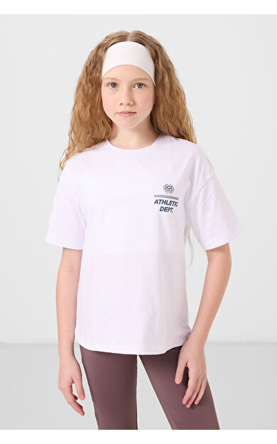 TommyLife Beyaz Pamuklu O Yaka Oversize Fit Baskılı Kız Çocuk T-Shirt - 75178
