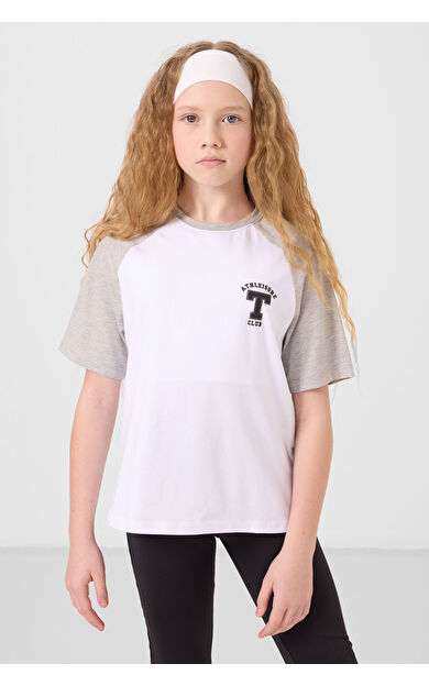 TommyLife Beyaz O Yaka  Pamuklu Baskılı Oversize Fit Kız Çocuk T-Shirt - 75179