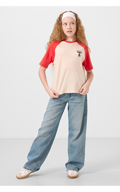 TommyLife Bej O Yaka  Pamuklu Baskılı Oversize Fit Kız Çocuk T-Shirt - 75179