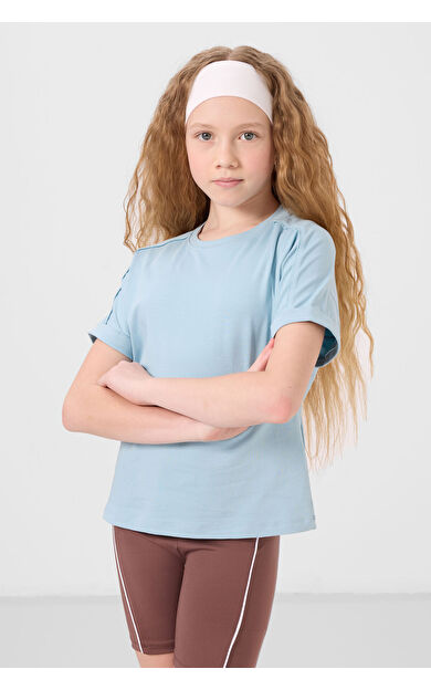 TommyLife Açık Mavi Pamuklu O Yaka Oversize Fit Basic Kız Çocuk T-Shirt - 75182