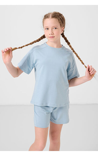 TommyLife Açık Mavi Pamuklu Yumuşak Dokulu Standart Fit Basic Kız Çocuk Şort Takım - 75184