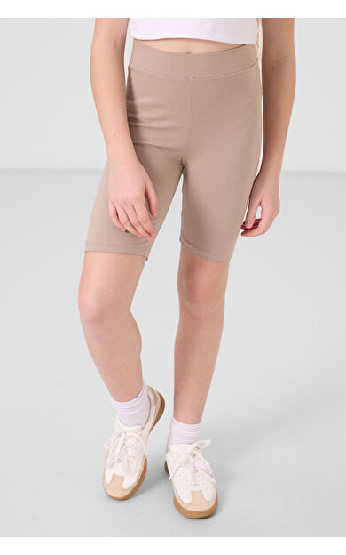 TommyLife Koyu Bej Pamuklu Kısa Paça Standart Fit Basic Kız Çocuk Tayt - 75188
