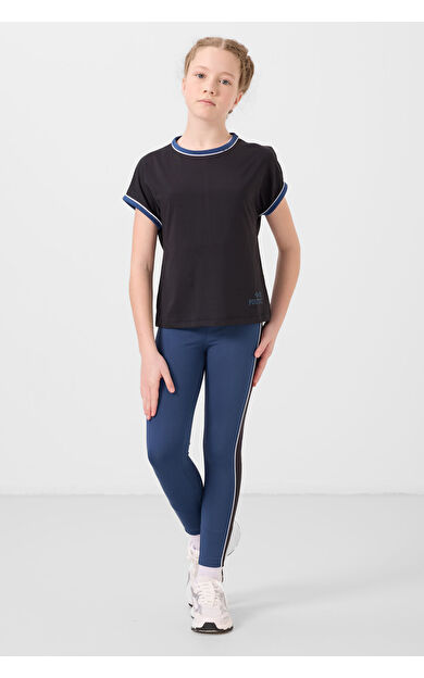 TommyLife Siyah-Parlament O Yaka Yan Şerit Detaylı Standart Fit Performans Kız Çocuk Tayt Takım - 75191