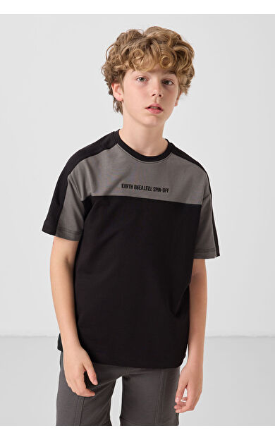 TommyLife Siyah Pamuklu Yumuşak Dokulu Oversize Fit Nakışlı Erkek Çocuk T-Shirt - 11290