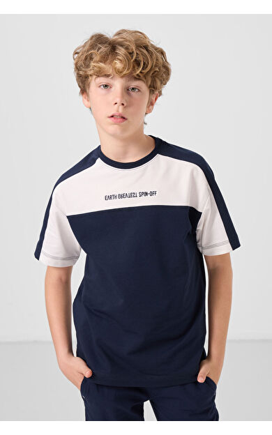 TommyLife Lacivert Pamuklu Yumuşak Dokulu Oversize Fit Nakışlı Erkek Çocuk T-Shirt - 11290