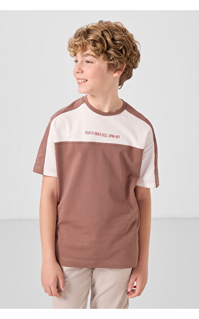 TommyLife Tarçın Pamuklu Yumuşak Dokulu Oversize Fit Nakışlı Erkek Çocuk T-Shirt - 11290