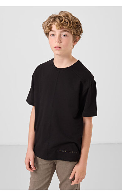 TommyLife Siyah Pamuklu Yumuşak Dokulu Oversize Basic Erkek Çocuk T-Shirt - 11297