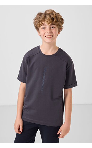 TommyLife Antrasit Pamuklu Yumuşak Dokulu Oversize Baskılı Erkek Çocuk T-Shirt - 11301