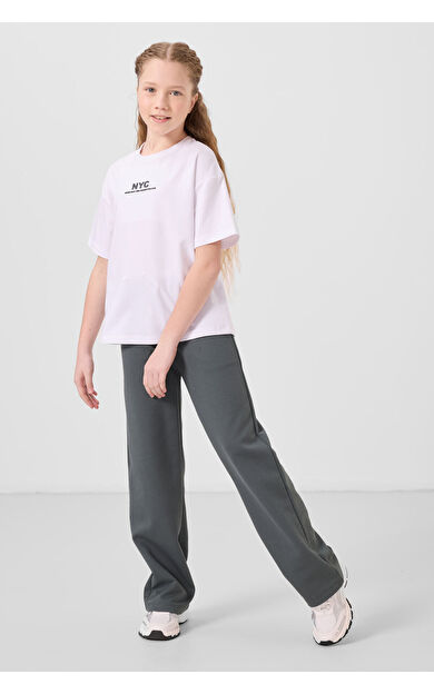 TommyLife Beyaz-Haki O Yaka Baskılı Geniş Paça Standart Fit Kız Çocuk Palazzo Eşofman Takım - 75171