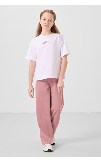 TommyLife Beyaz-Gül Kurusu O Yaka Baskılı Geniş Paça Standart Fit Kız Çocuk Palazzo Eşofman Takım - 75171