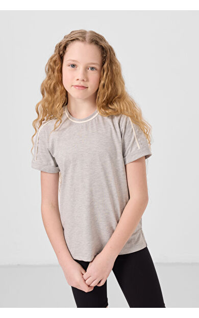 TommyLife Gri Melanj Pamuklu O Yaka Standart Fit Basic Kız Çocuk T-Shirt - 75177