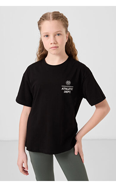 TommyLife Siyah Pamuklu O Yaka Oversize Fit Baskılı Kız Çocuk T-Shirt - 75178