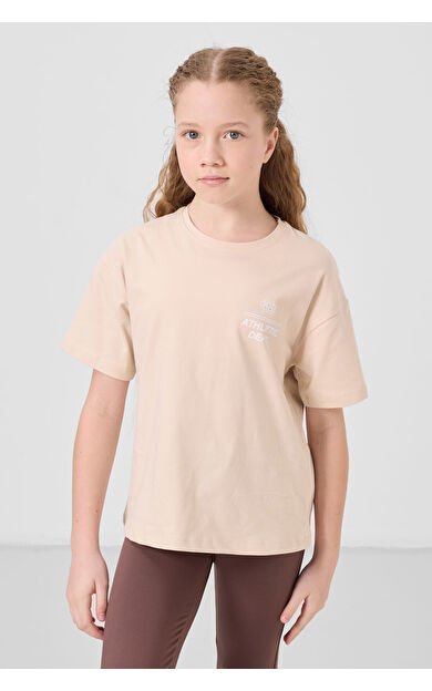 TommyLife Bej Pamuklu O Yaka Oversize Fit Baskılı Kız Çocuk T-Shirt - 75178