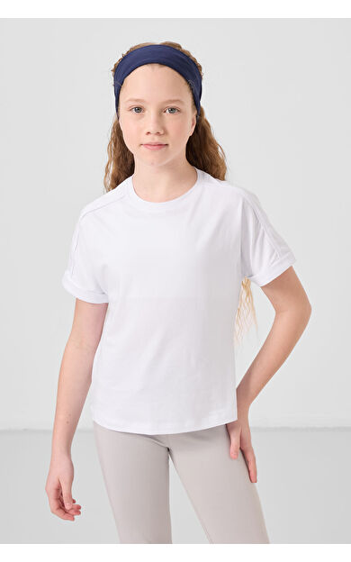 TommyLife Beyaz Pamuklu O Yaka Oversize Fit Basic Kız Çocuk T-Shirt - 75182