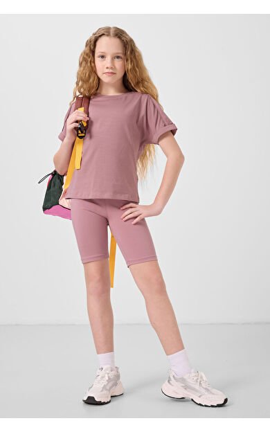 TommyLife Gül Kurusu Pamuklu O Yaka Oversize Fit Basic Kız Çocuk T-Shirt - 75182