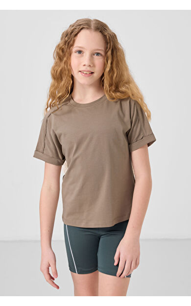 TommyLife Koyu Bej Pamuklu O Yaka Oversize Fit Basic Kız Çocuk T-Shirt - 75182