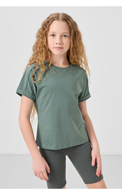 TommyLife Açık Yeşil Pamuklu O Yaka Oversize Fit Basic Kız Çocuk T-Shirt - 75182