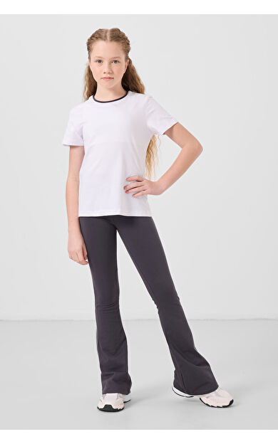 TommyLife Beyaz-Antrasit Pamuklu O Yaka Standart Fit Basic İspanyol Paça Kız Çocuk Tayt Takım - 75192