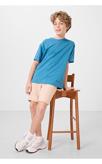 TommyLife Petrol Mavi Pamuklu Yumuşak Dokulu Oversize Basic Erkek Çocuk T-Shirt - 11297