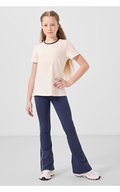 TommyLife Ekru-İndigo Pamuklu O Yaka Standart Fit Basic İspanyol Paça Kız Çocuk Tayt Takım - 75192