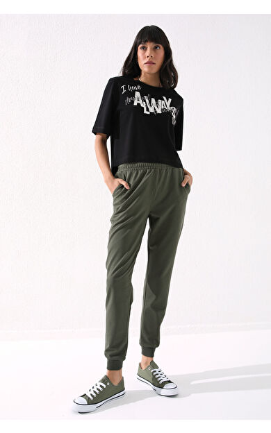 TommyLife Haki Yüksek Bel Jogger Rahat Form Manşetli Kadın Eşofman Alt - 94561