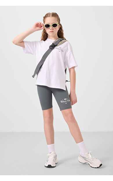 TommyLife Beyaz-Haki Pamuklu O Yaka Standart Fit Baskılı Kız Çocuk Tayt Takım - 75190