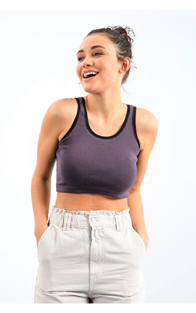 TommyLife Açık Mor Basic Sıfır Kol Dar Kalıp U Yaka Kadın Crop Top Atlet - 97162