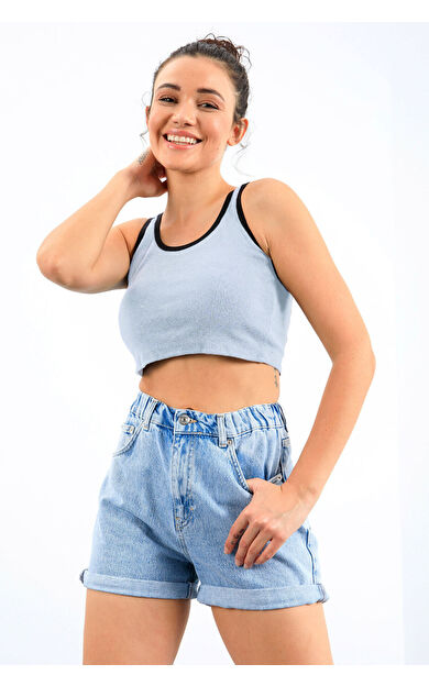 TommyLife Gök Mavi Basic Sıfır Kol Dar Kalıp U Yaka Kadın Crop Top Atlet - 97162