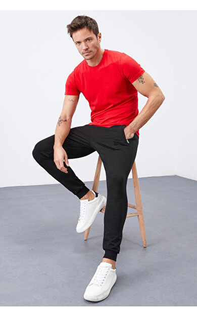 TommyLife Siyah Fermuar Cepli Dar Kalıp  Jogger Erkek Eşofman Alt - 84343