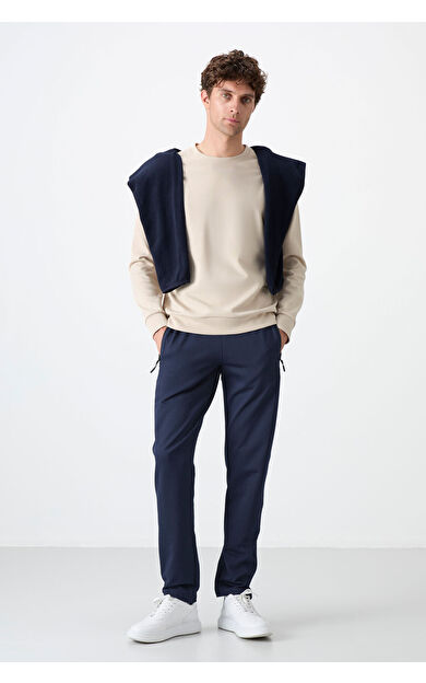 TommyLife İndigo Fermuarlı Üç Cepli Dar Kalıp Klasik Paça Erkek Eşofman Alt - 84671