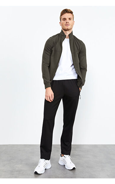 TommyLife Haki - Siyah Dik Yaka Fermuarlı Standart Kalıp Klasik Paça Erkek Eşofman Takımı - 85152