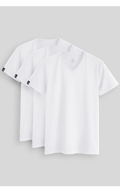 TommyLife Standart Fit Basic V Yaka  3lü Paket Beyaz Erkek T-Shirt  87912