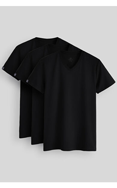 TommyLife Standart Fit Basic V Yaka  3lü Paket Siyah Erkek T-Shirt  87912