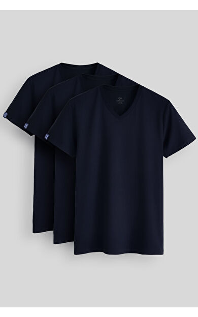 TommyLife Standart Fit Basic V Yaka  3lü Paket Lacivert Erkek T-Shirt  87912
