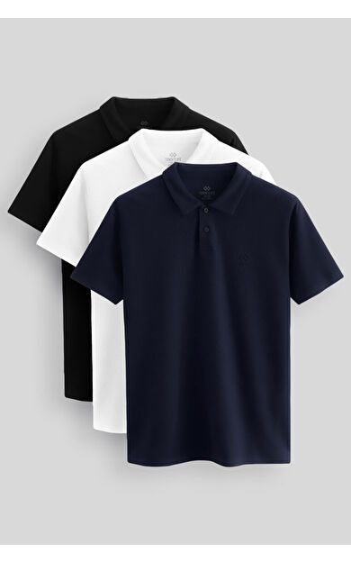 TommyLife Standart Fit Basic Polo Yaka 3lü Paket Siyah-Beyaz-Lacivert Erkek T-Shirt  87748