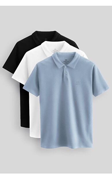 TommyLife Standart Fit Basic Polo Yaka  3lü Paket Siyah-Beyaz-Buz Mavi Erkek T-Shirt  87748