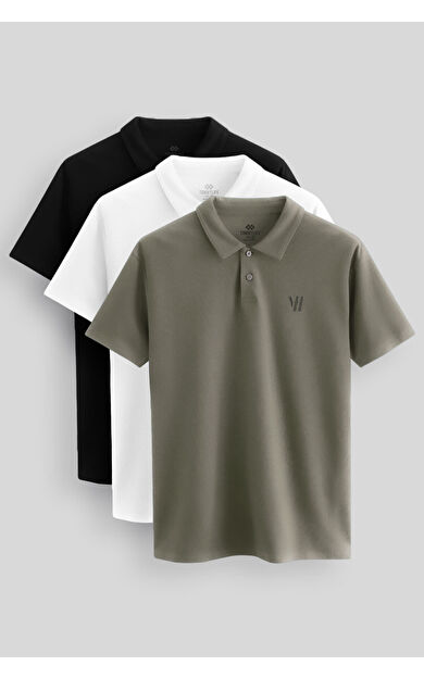 TommyLife Standart Fit Basic Polo Yaka  3lü Paket Siyah-Beyaz-Çağla Erkek T-Shirt  87768