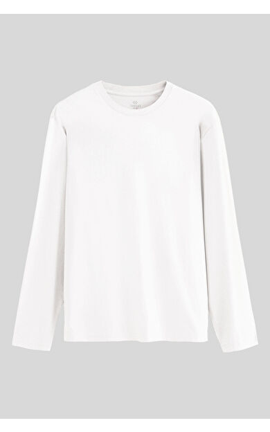 TommyLife Beyaz Standart Fit Basic O Yaka Uzun Kollu İnce Erkek T-Shirt- 87997