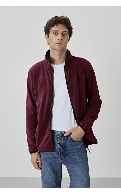 TommyLife Erguvan Yazı Nakışlı Dik Yaka Fermuarlı Standart Kalıp Erkek Sweatshirt Polar - 87992