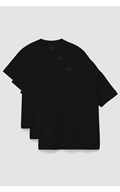 TommyLife Basic O Yaka Büyük Beden  3lü Paket Siyah Erkek T-Shirt  88072