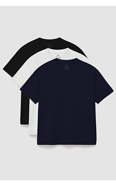 TommyLife Basic O Yaka Büyük Beden  3lü Paket Siyah-Beyaz-Lacivert  Erkek T-Shirt  88072