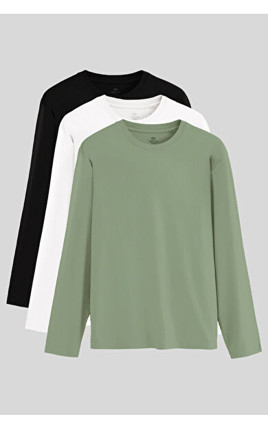 TommyLife Standart Fit Basic O Yaka  3lü Paket Siyah-Beyaz-Kaktüs Erkek T-Shirt  87997