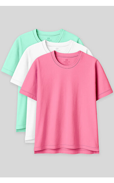 TommyLife Oversize Fit Basic O Yaka 3lü Paket Su Yeşili-Beyaz-Şeker Pembe Kadın T-Shirt  97285