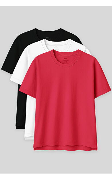 TommyLife Oversize Fit Basic O Yaka 3lü Paket Siyah-Beyaz-Rose Kadın T-Shirt  97285