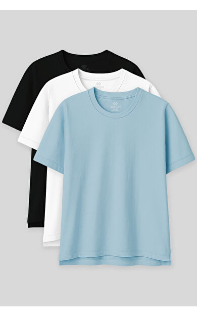TommyLife Oversize Fit Basic O Yaka 3lü Paket Siyah-Beyaz-Açık Mavi Kadın T-Shirt  97285